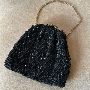Vintage Beaded & Sequined Black Mini Bag with Gold Tone Chain